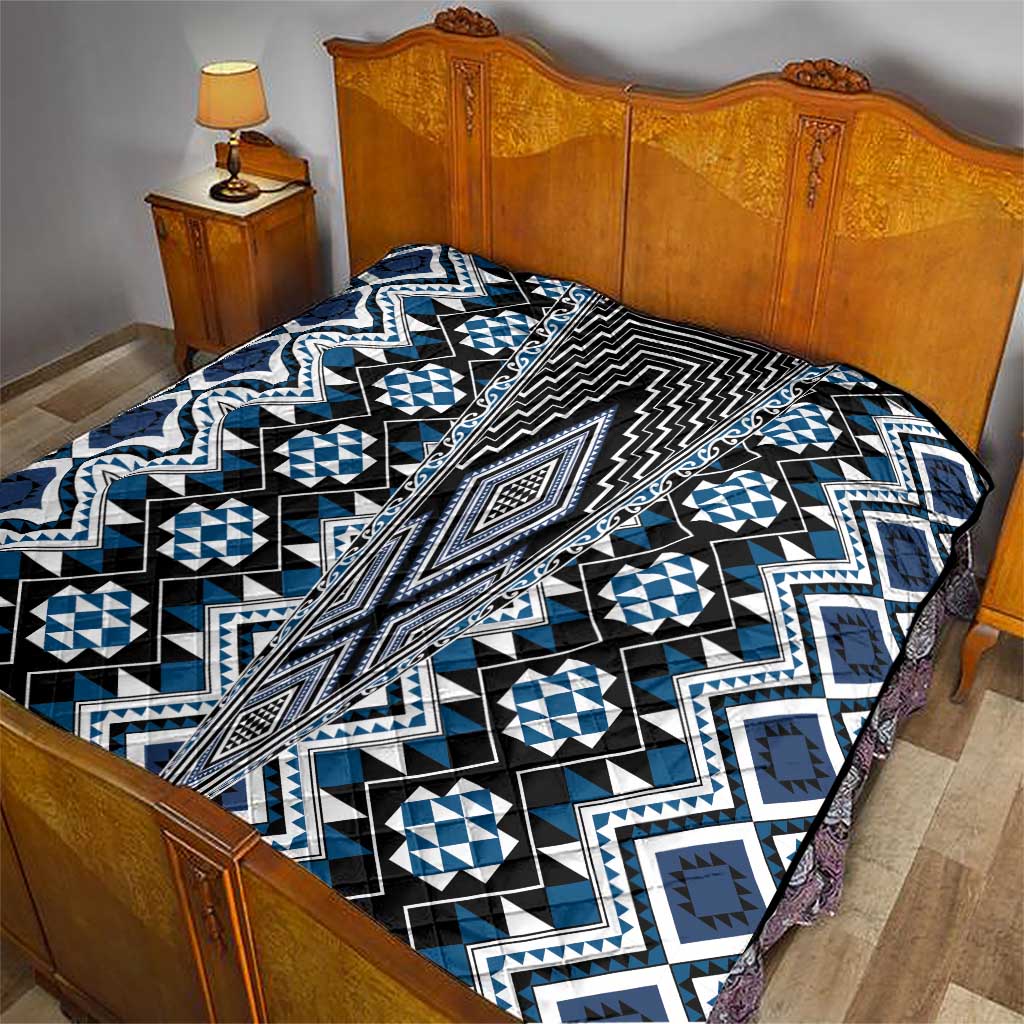 Blue Aotearoa Tukutuku and Poutama Motif Quilt