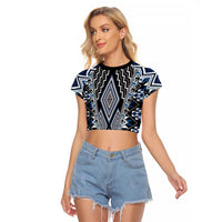 Blue Aotearoa Tukutuku and Poutama Motif Raglan Cropped T Shirt LT03 Female Blue - Polynesian Pride