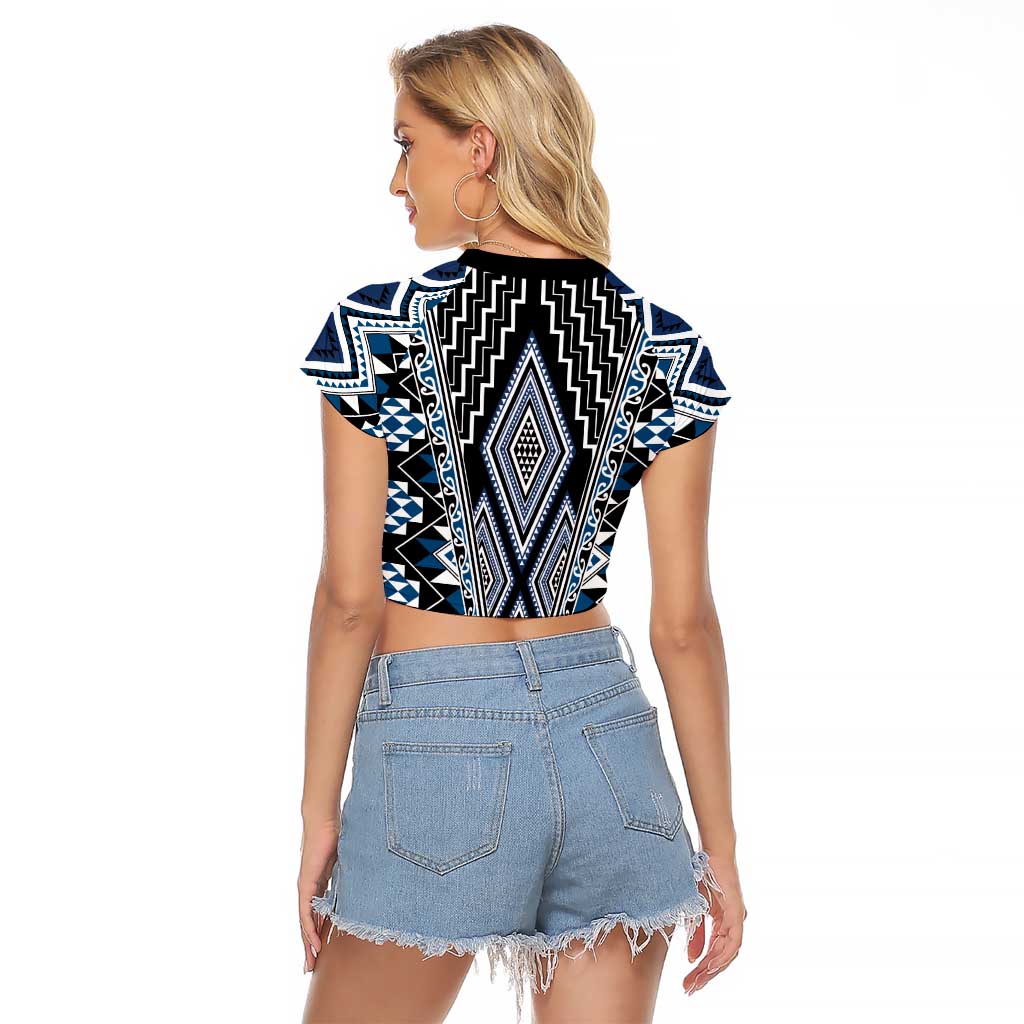 Blue Aotearoa Tukutuku and Poutama Motif Raglan Cropped T Shirt LT03 - Polynesian Pride