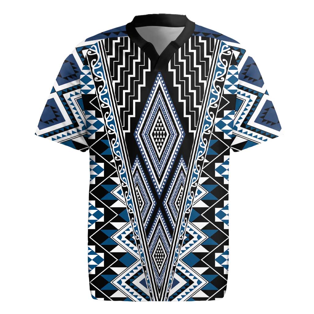 Blue Aotearoa Tukutuku and Poutama Motif Rugby Jersey