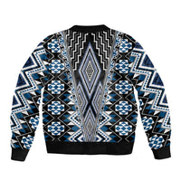 Blue Aotearoa Tukutuku and Poutama Motif Sleeve Zip Bomber Jacket