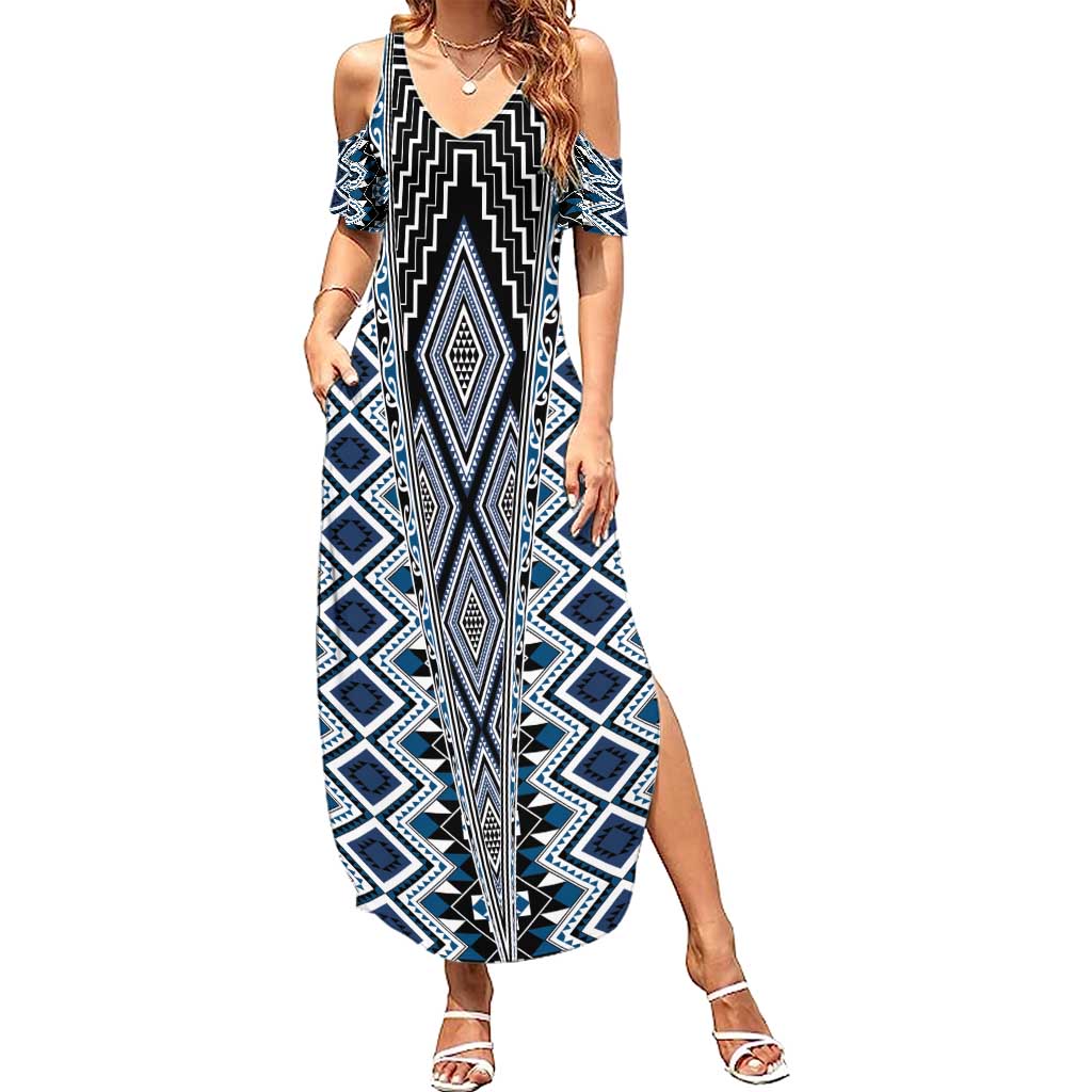Blue Aotearoa Tukutuku and Poutama Motif Summer Maxi Dress LT03 Women Blue - Polynesian Pride