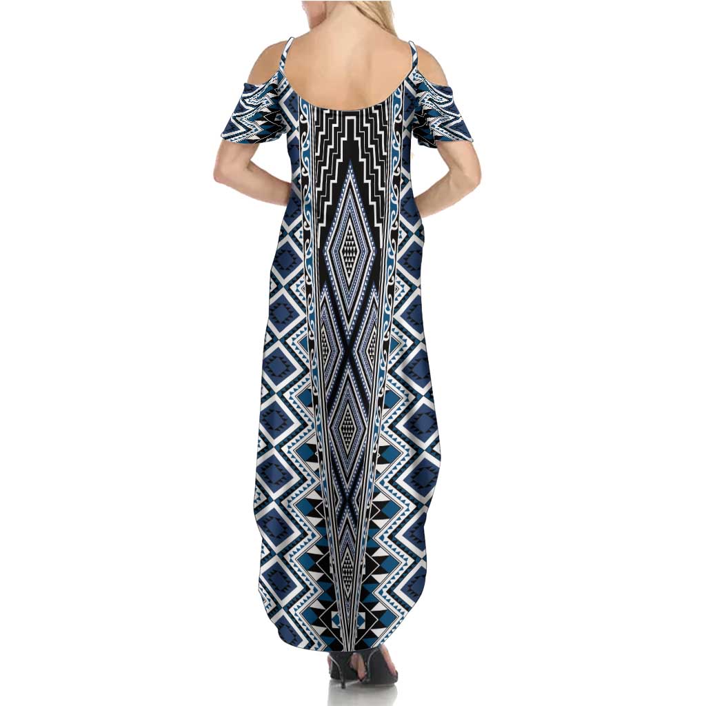 Blue Aotearoa Tukutuku and Poutama Motif Summer Maxi Dress LT03 - Polynesian Pride
