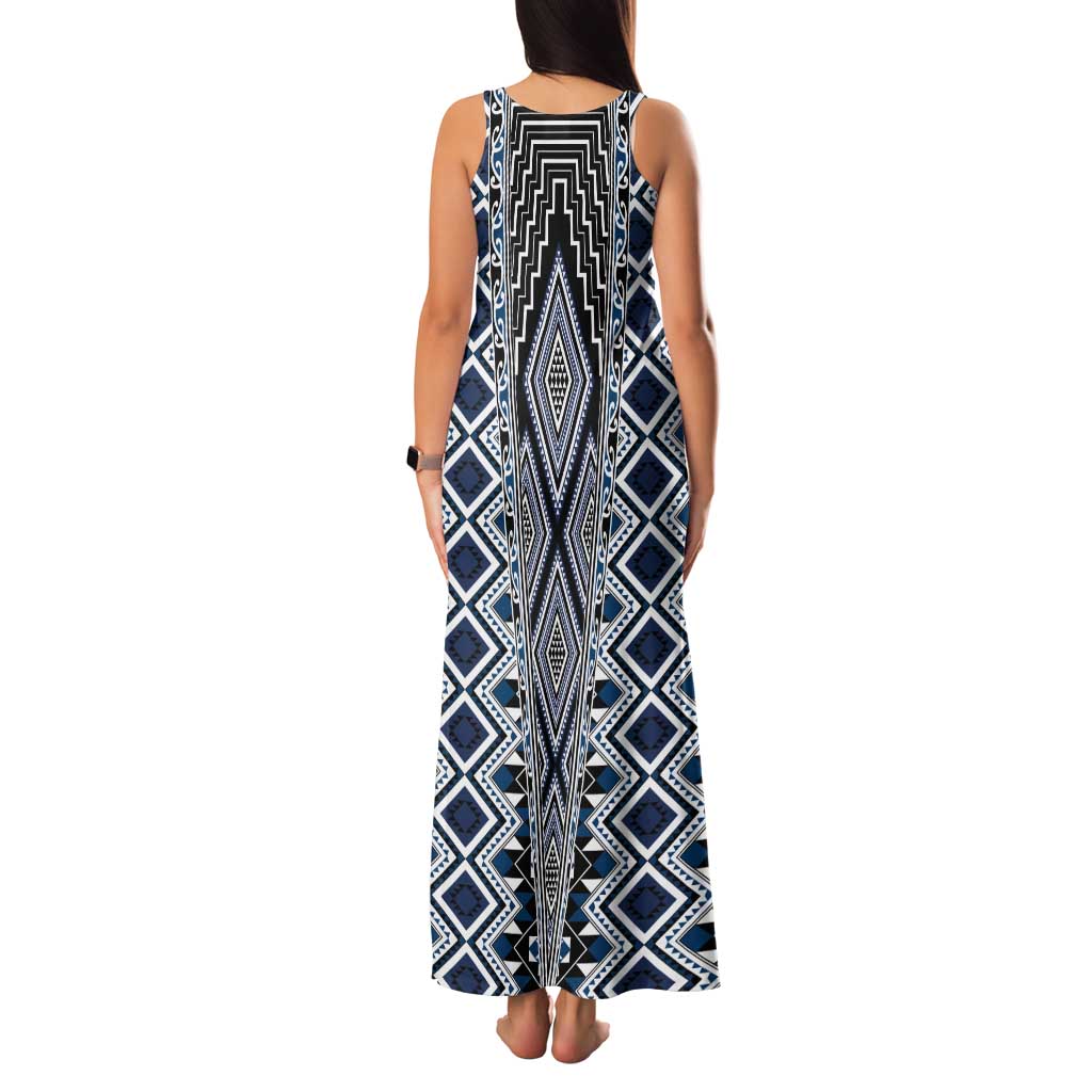 Blue Aotearoa Tukutuku and Poutama Motif Tank Maxi Dress LT03 - Polynesian Pride