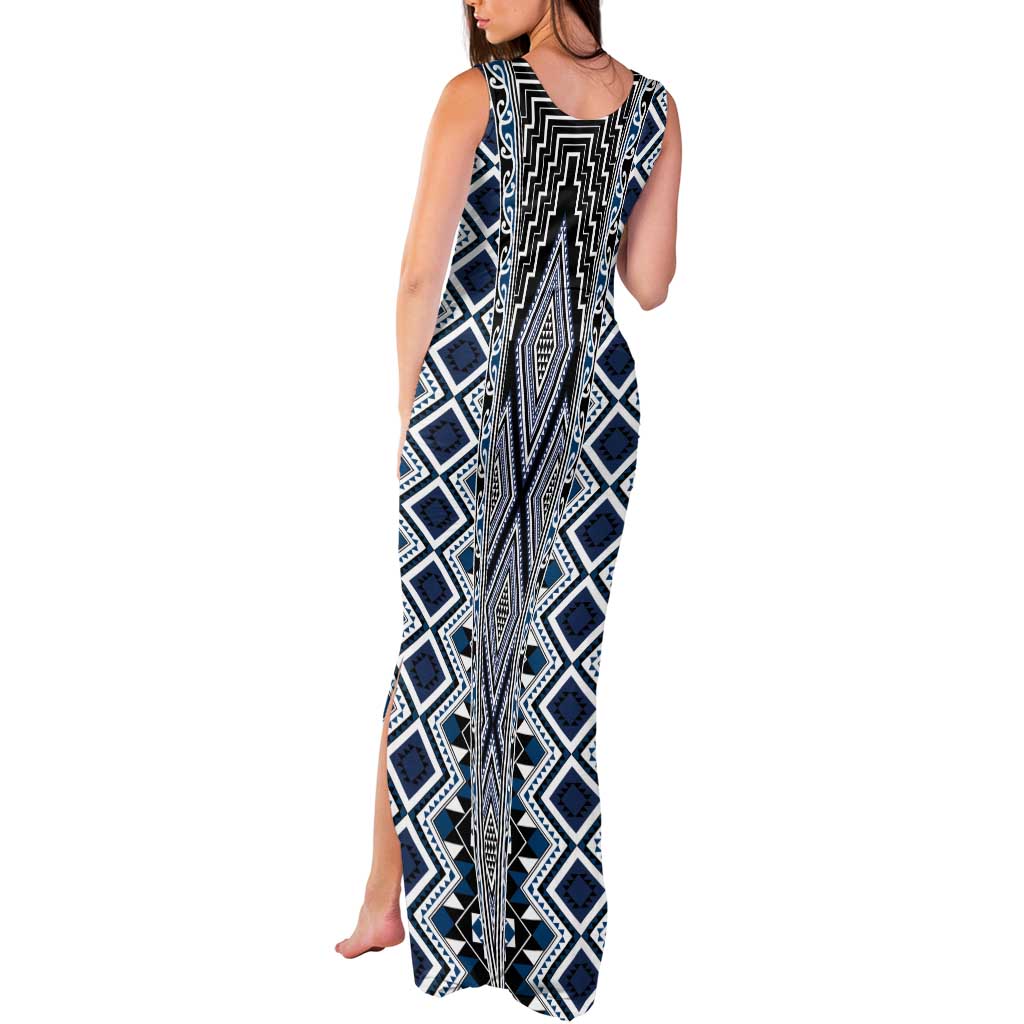 Blue Aotearoa Tukutuku and Poutama Motif Tank Maxi Dress LT03 - Polynesian Pride