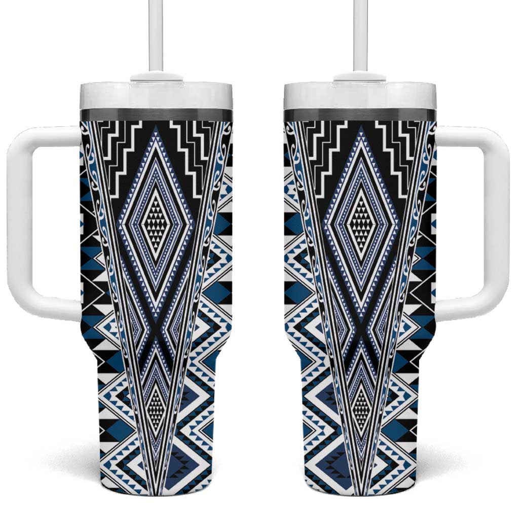 Blue Aotearoa Tukutuku and Poutama Motif Tumbler With Handle LT03 One Size: 40 oz Blue - Polynesian Pride