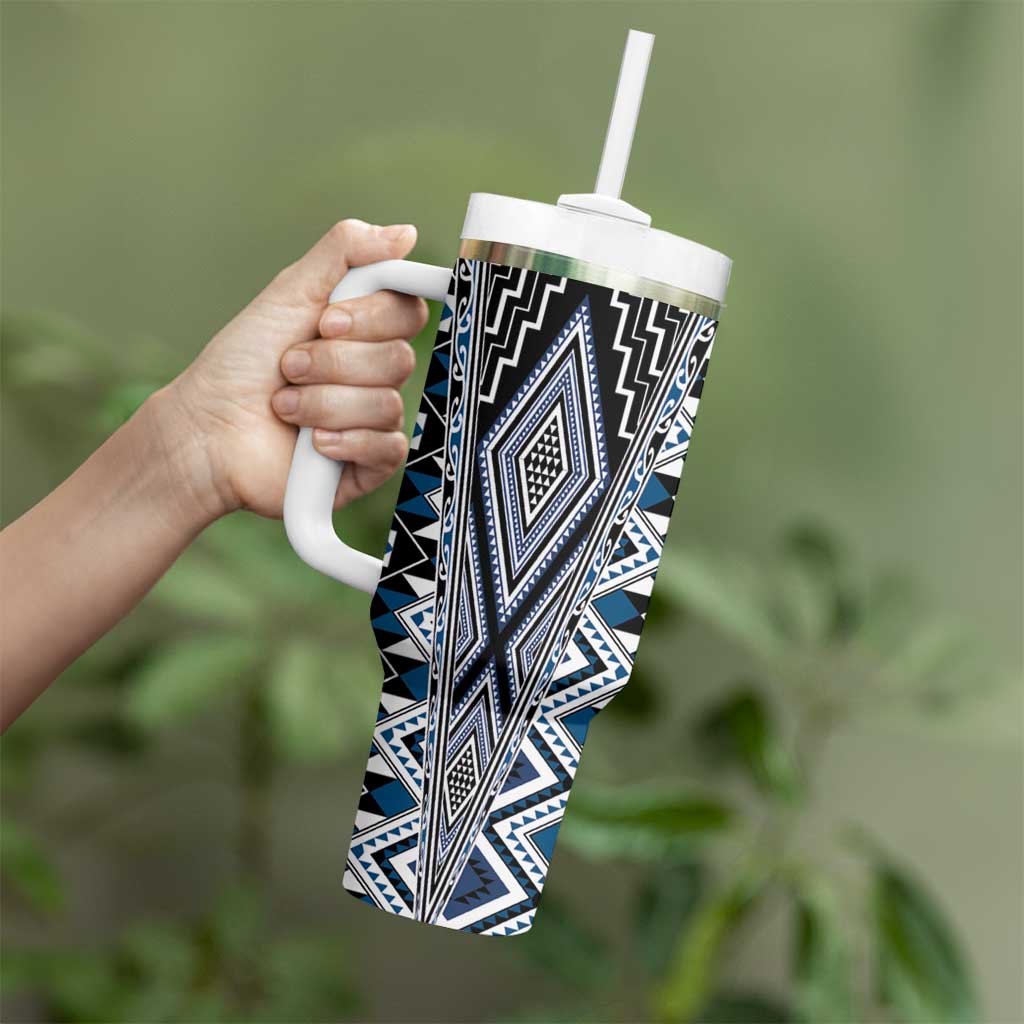 Blue Aotearoa Tukutuku and Poutama Motif Tumbler With Handle LT03 - Polynesian Pride