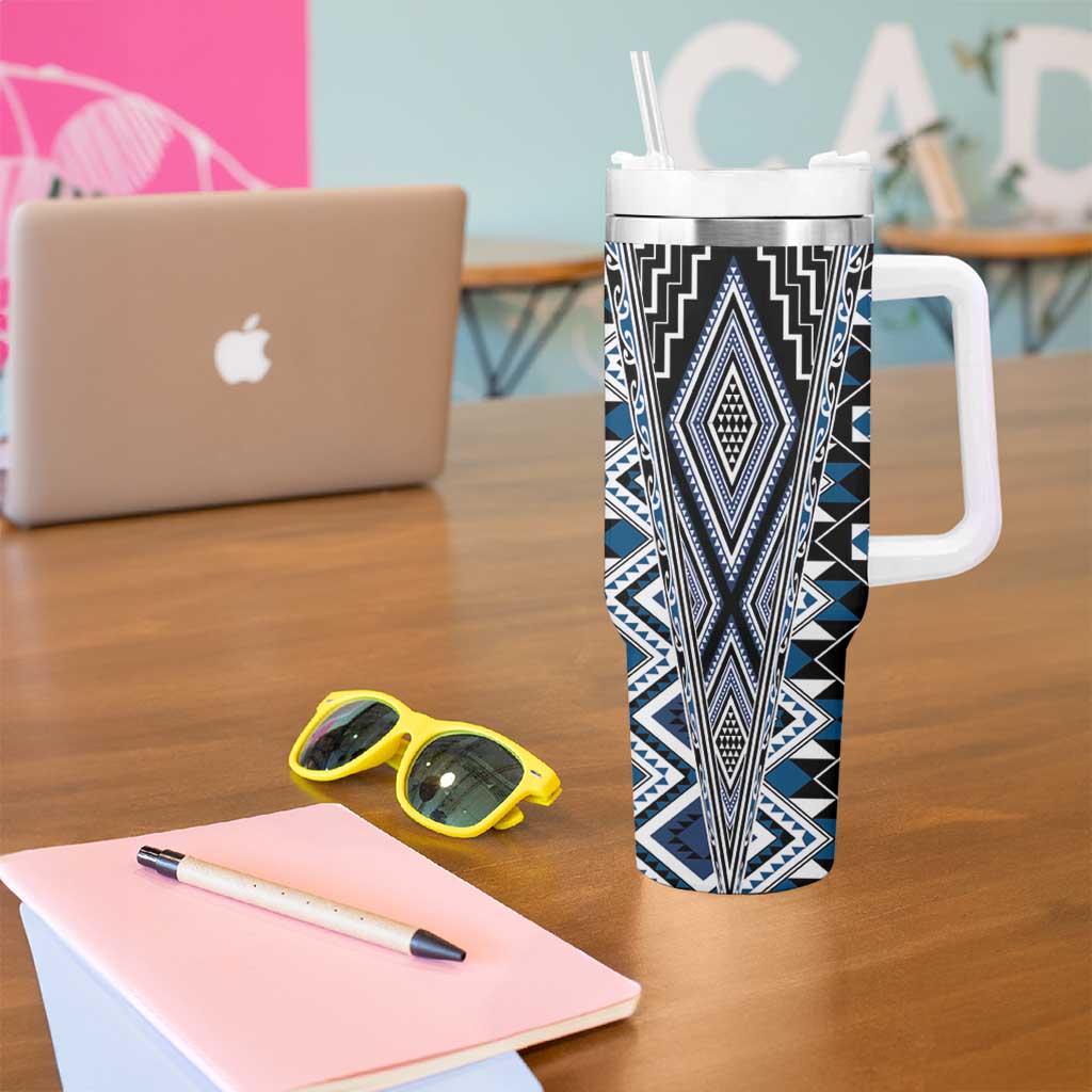 Blue Aotearoa Tukutuku and Poutama Motif Tumbler With Handle LT03 - Polynesian Pride