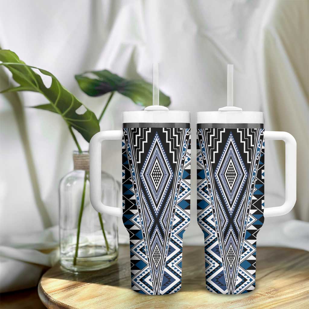 Blue Aotearoa Tukutuku and Poutama Motif Tumbler With Handle LT03 - Polynesian Pride