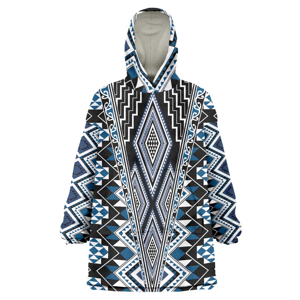 Blue Aotearoa Tukutuku and Poutama Motif Wearable Blanket Hoodie LT03 One Size Blue - Polynesian Pride