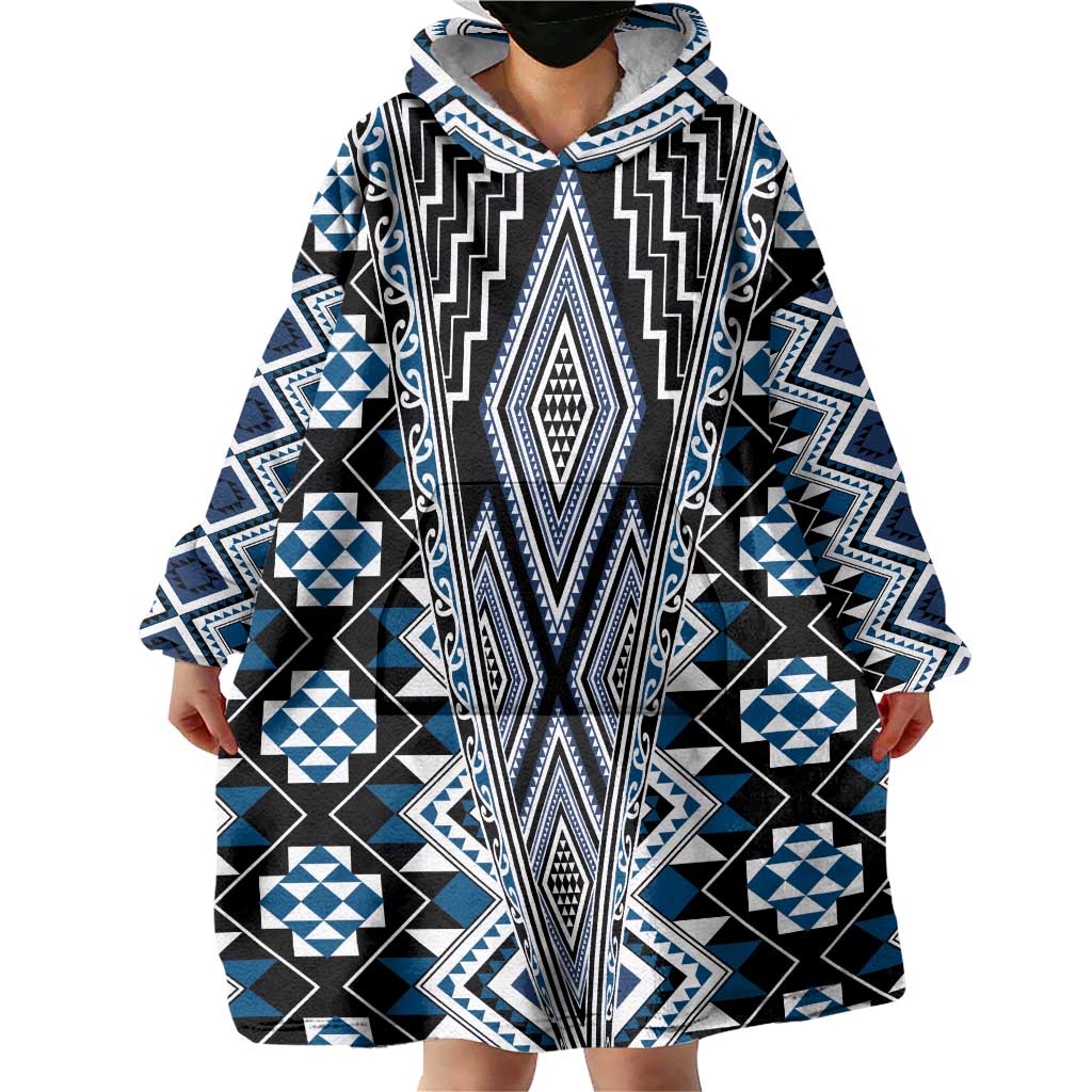 Blue Aotearoa Tukutuku and Poutama Motif Wearable Blanket Hoodie LT03 - Polynesian Pride