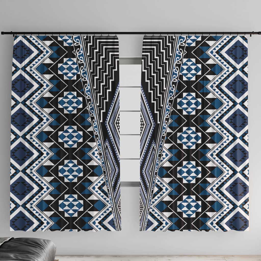 Blue Aotearoa Tukutuku and Poutama Motif Window Curtain