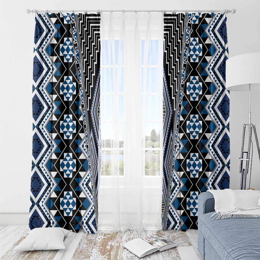 Blue Aotearoa Tukutuku and Poutama Motif Window Curtain LT03 - Polynesian Pride