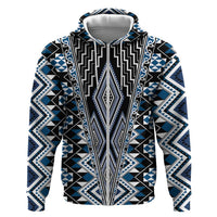 Blue Aotearoa Tukutuku and Poutama Motif Zip Hoodie