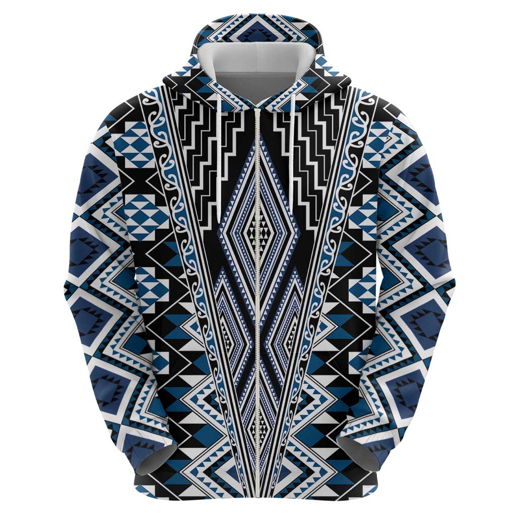 Blue Aotearoa Tukutuku and Poutama Motif Zip Hoodie