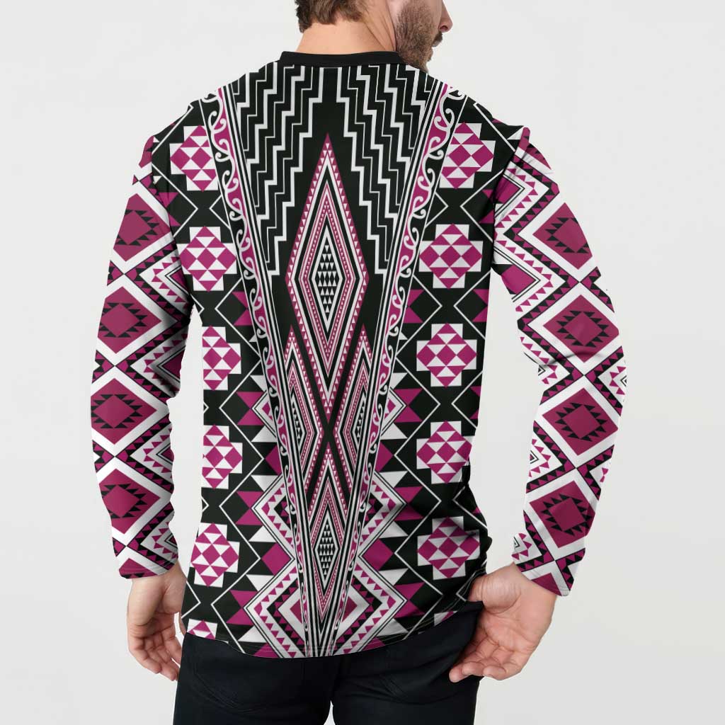 Pink Aotearoa Tukutuku and Poutama Motif Button Sweatshirt LT03 - Polynesian Pride