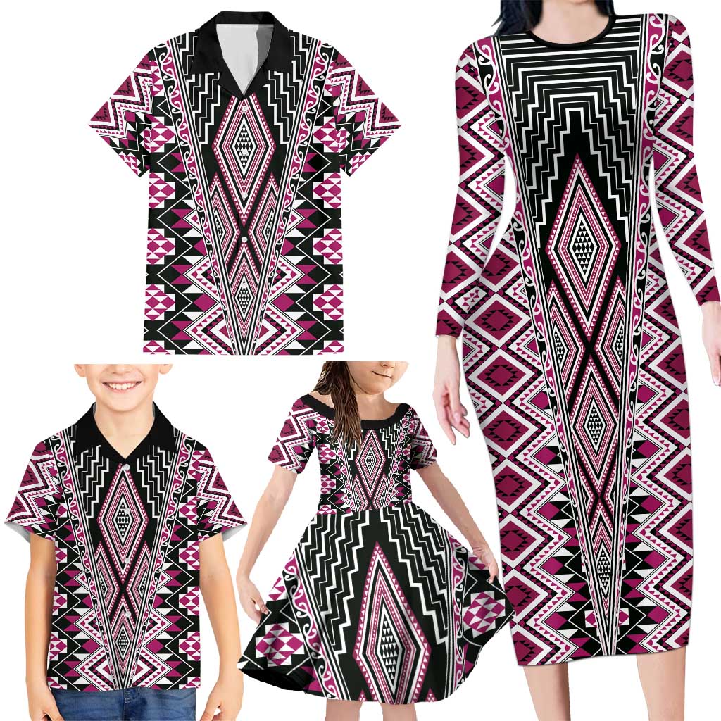 Pink Aotearoa Tukutuku and Poutama Motif Family Matching Long Sleeve Bodycon Dress and Hawaiian Shirt