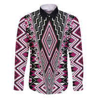 Pink Aotearoa Tukutuku and Poutama Motif Family Matching Off The Shoulder Long Sleeve Dress and Hawaiian Shirt