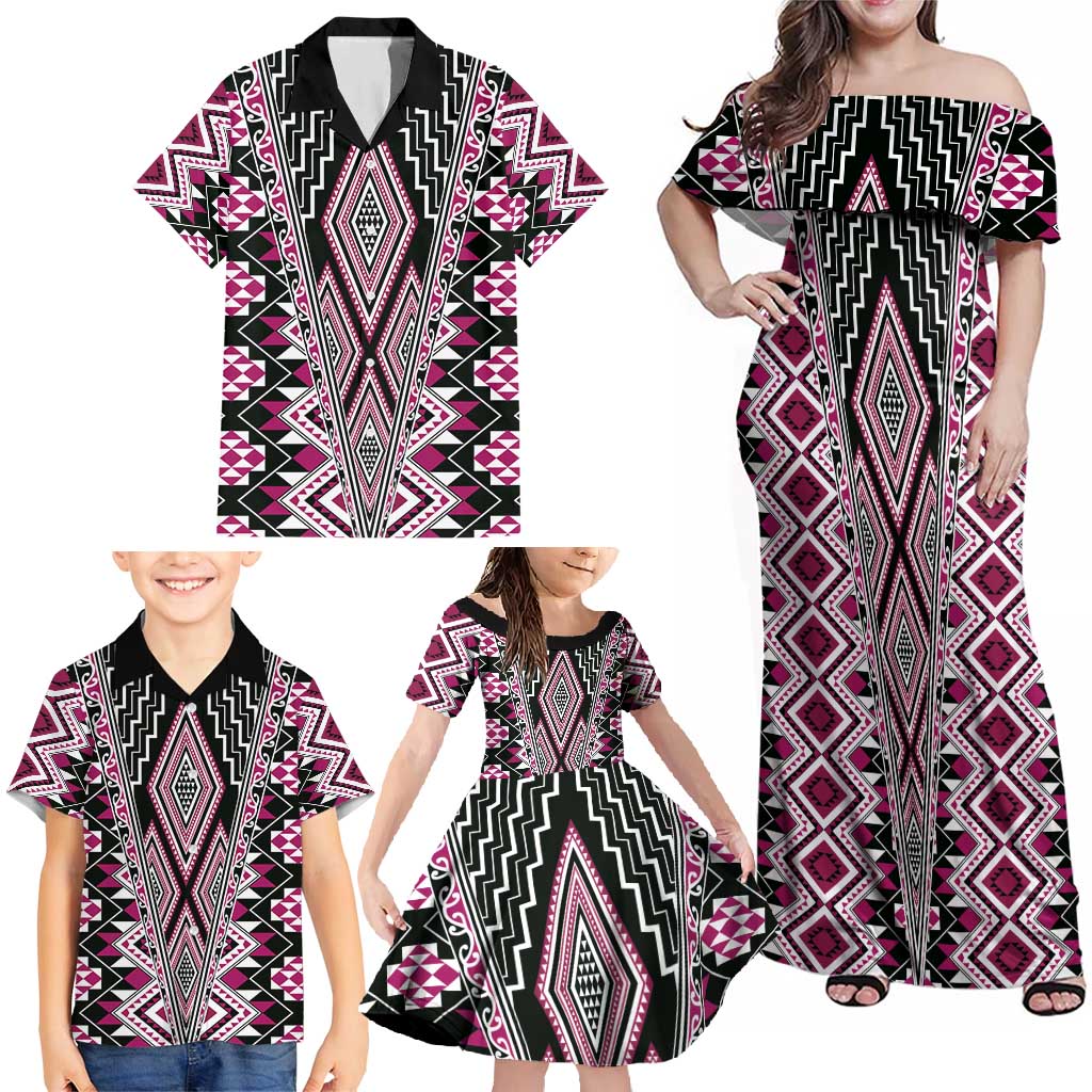 Pink Aotearoa Tukutuku and Poutama Motif Family Matching Off Shoulder Maxi Dress and Hawaiian Shirt