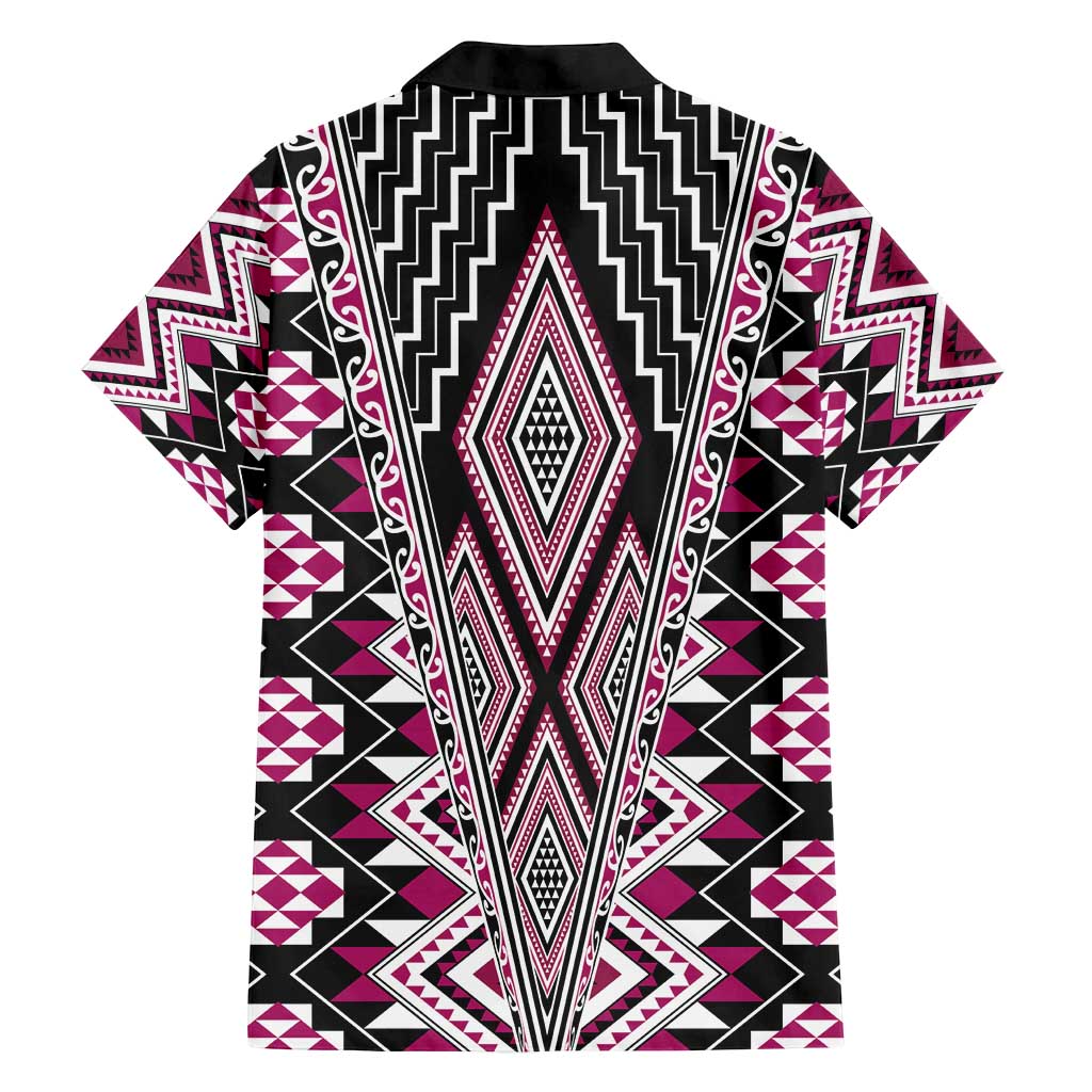 Pink Aotearoa Tukutuku and Poutama Motif Family Matching Off Shoulder Maxi Dress and Hawaiian Shirt