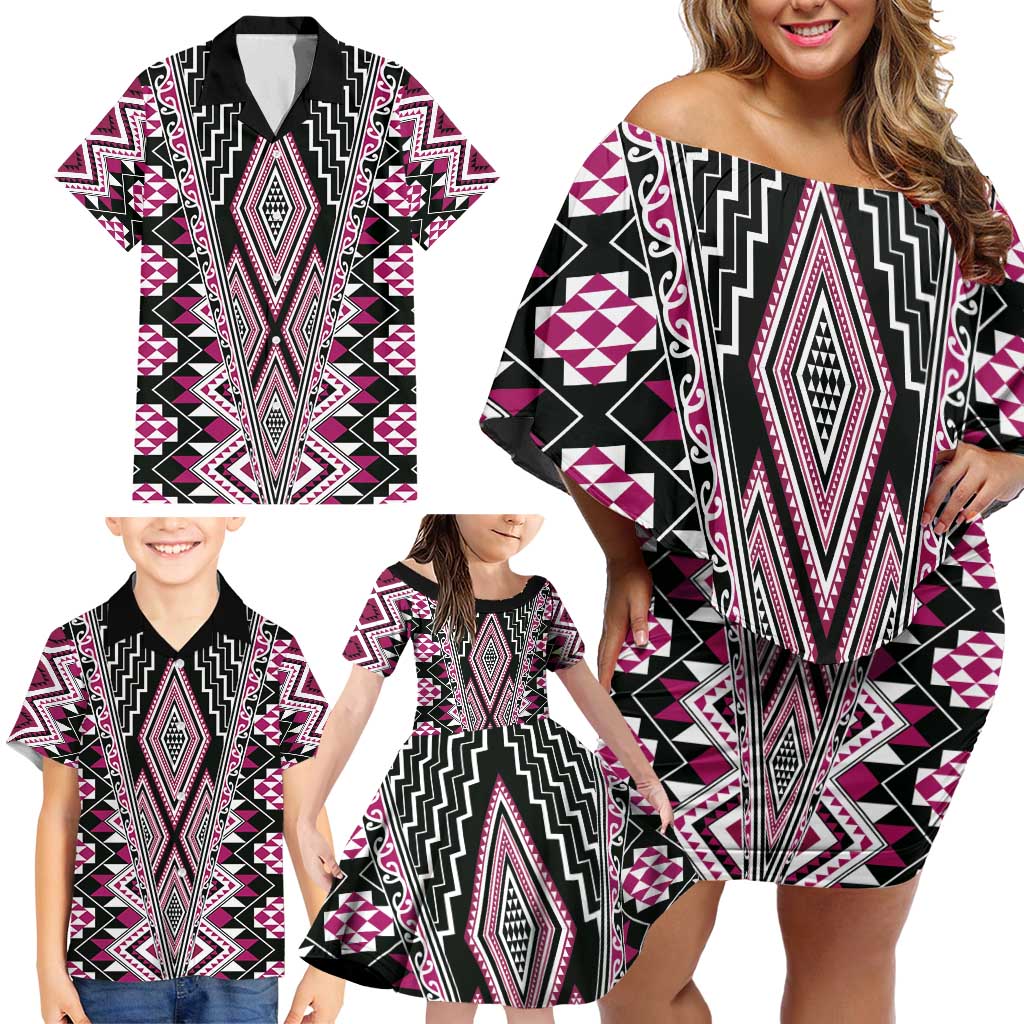 Pink Aotearoa Tukutuku and Poutama Motif Family Matching Off Shoulder Short Dress and Hawaiian Shirt