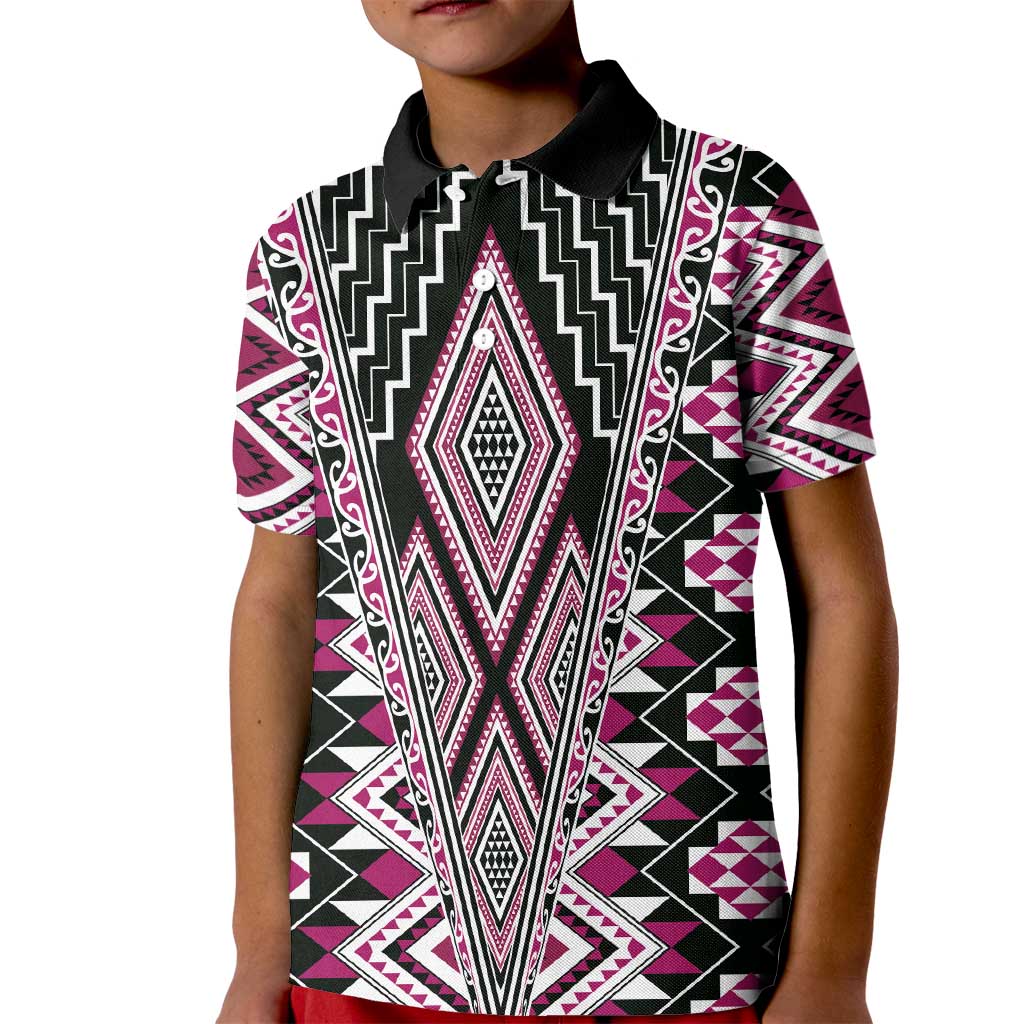 Pink Aotearoa Tukutuku and Poutama Motif Kid Polo Shirt