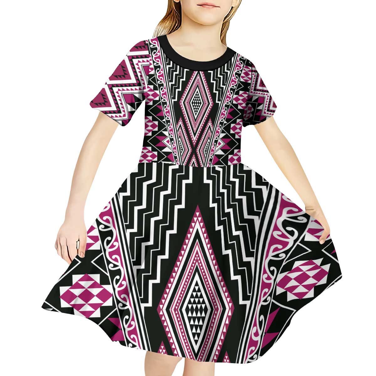 Pink Aotearoa Tukutuku and Poutama Motif Kid Short Sleeve Dress