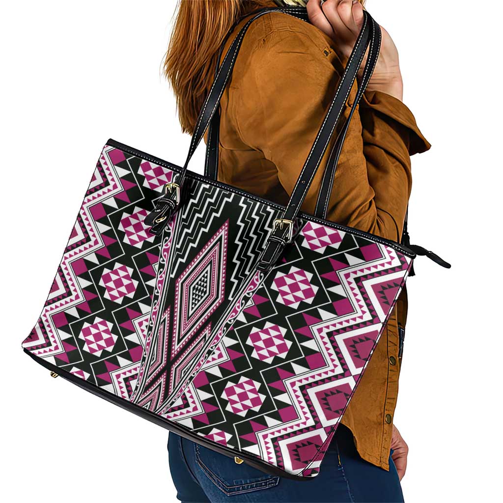 Pink Aotearoa Tukutuku and Poutama Motif Leather Tote Bag