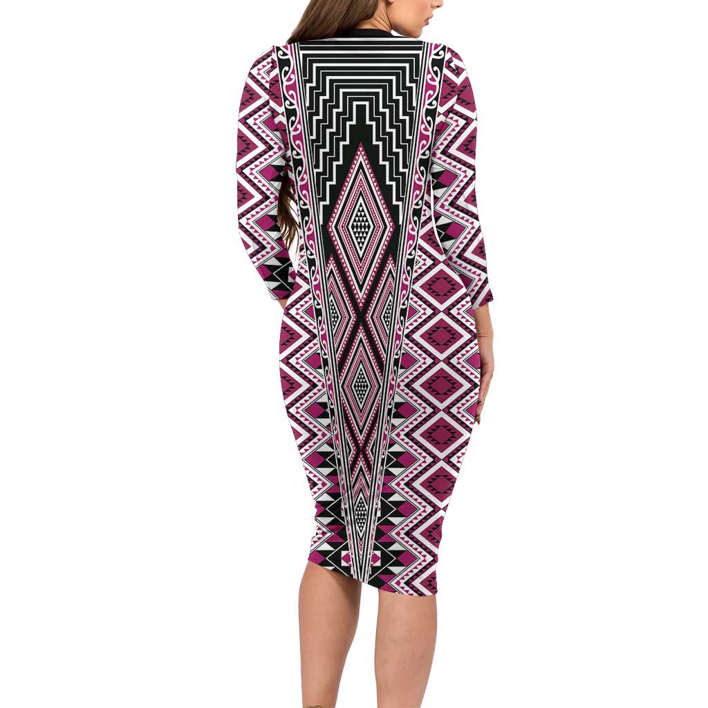 Pink Aotearoa Tukutuku and Poutama Motif Long Sleeve Bodycon Dress