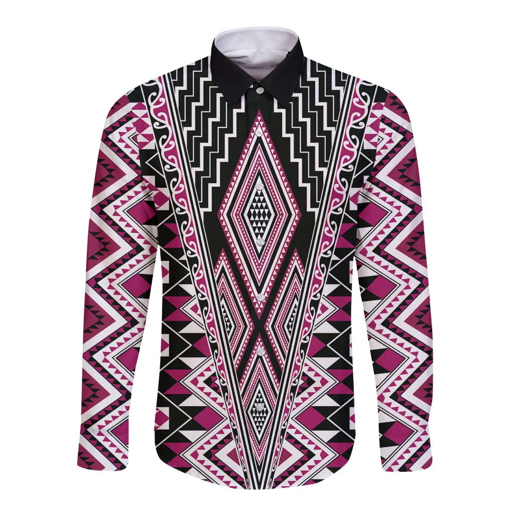 Pink Aotearoa Tukutuku and Poutama Motif Long Sleeve Button Shirt LT03 Unisex Pink - Polynesian Pride