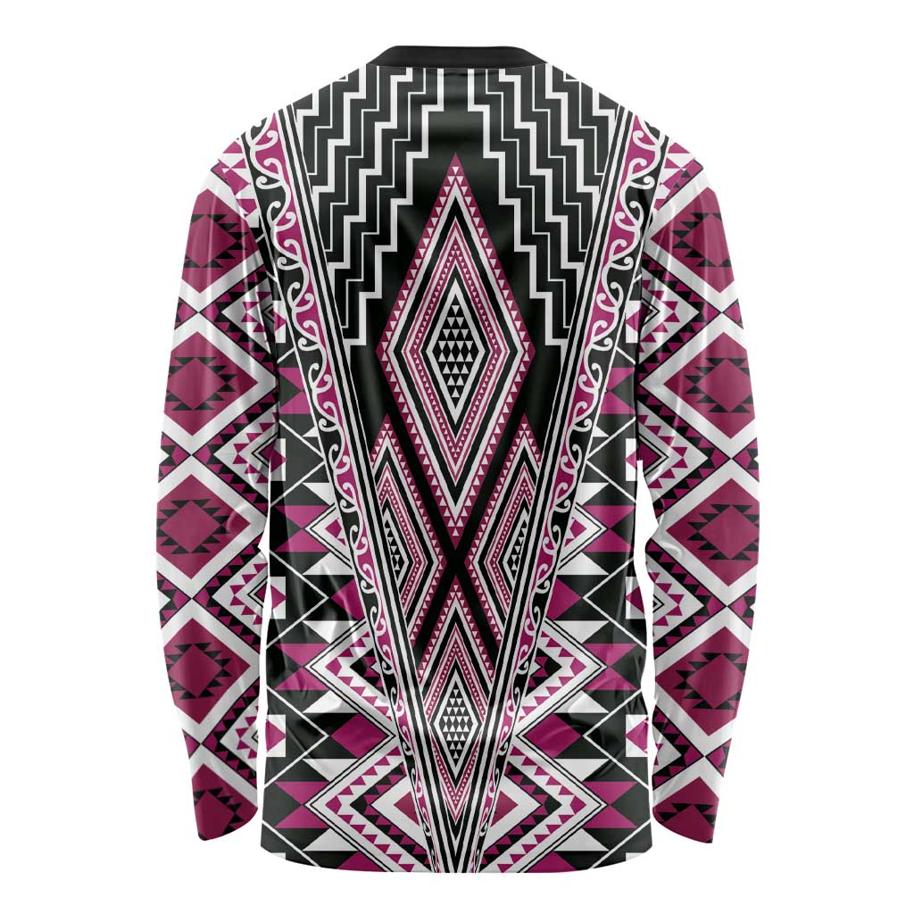 Pink Aotearoa Tukutuku and Poutama Motif Long Sleeve Shirt LT03 - Polynesian Pride