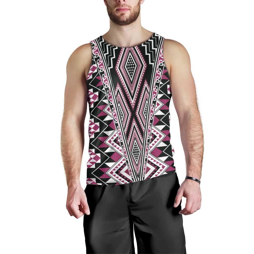 Pink Aotearoa Tukutuku and Poutama Motif Men Tank Top LT03 - Polynesian Pride