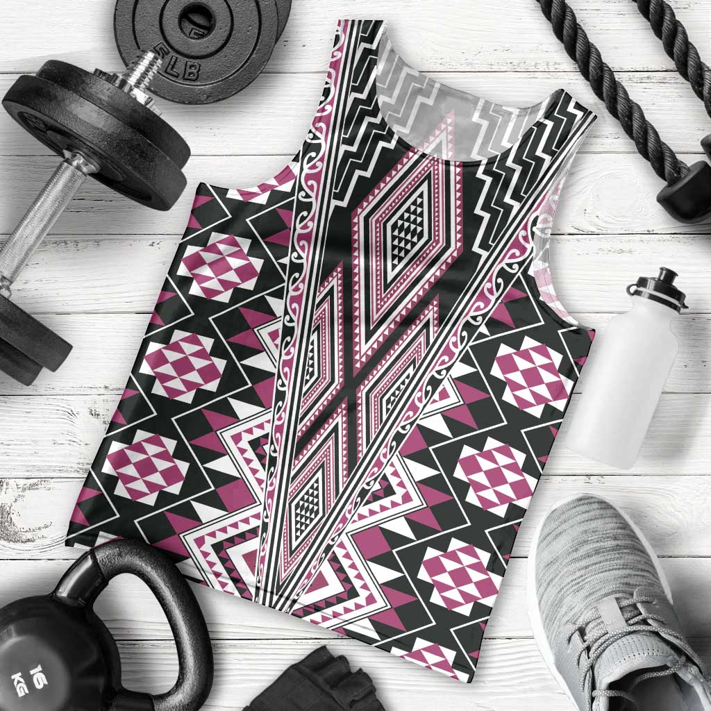 Pink Aotearoa Tukutuku and Poutama Motif Men Tank Top LT03 - Polynesian Pride