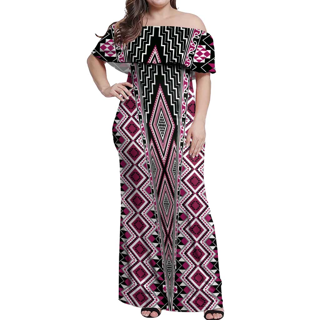 Pink Aotearoa Tukutuku and Poutama Motif Off Shoulder Maxi Dress LT03 Women Pink - Polynesian Pride