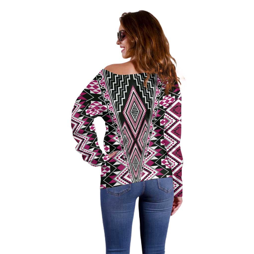 Pink Aotearoa Tukutuku and Poutama Motif Off Shoulder Sweater