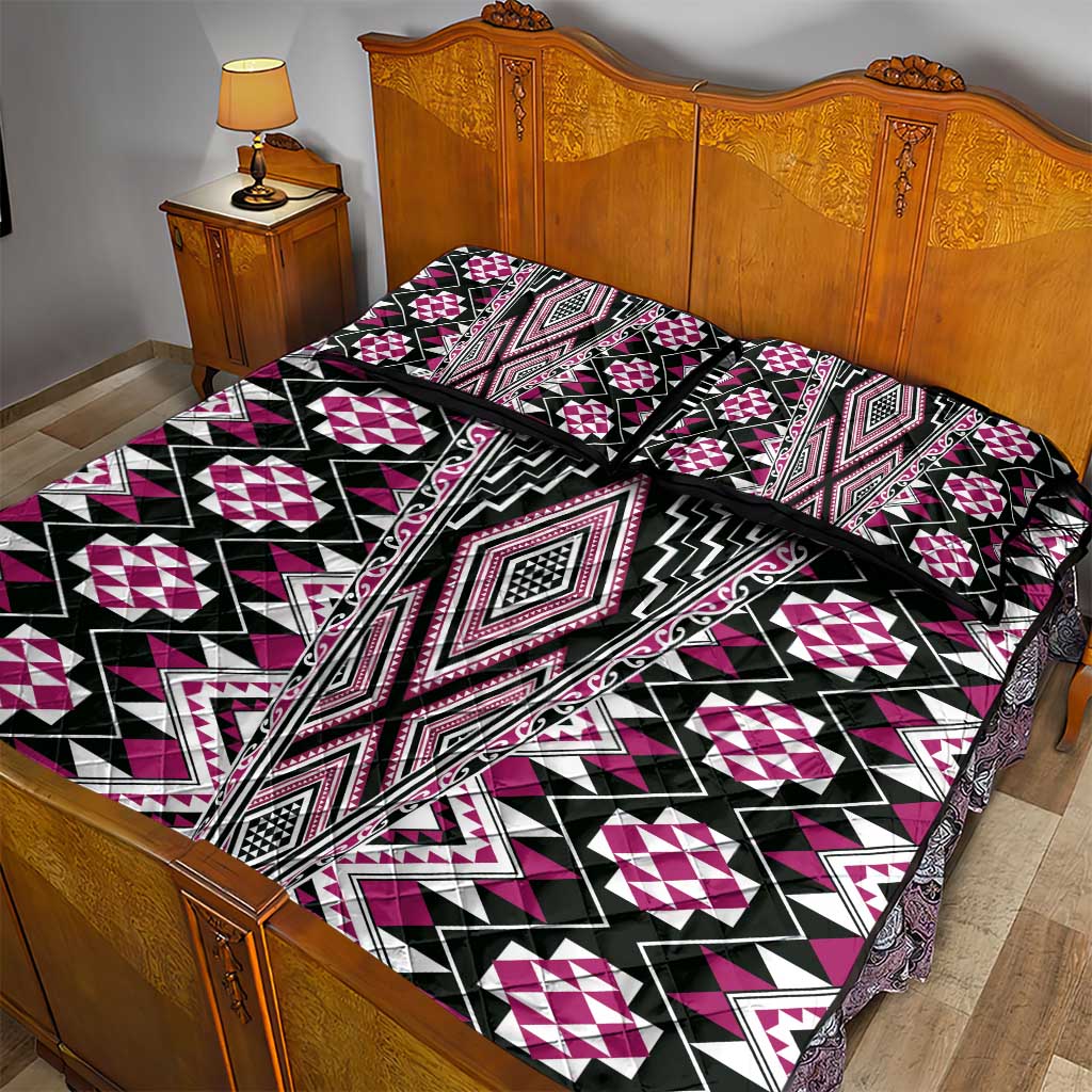 Pink Aotearoa Tukutuku and Poutama Motif Quilt Bed Set LT03 - Polynesian Pride