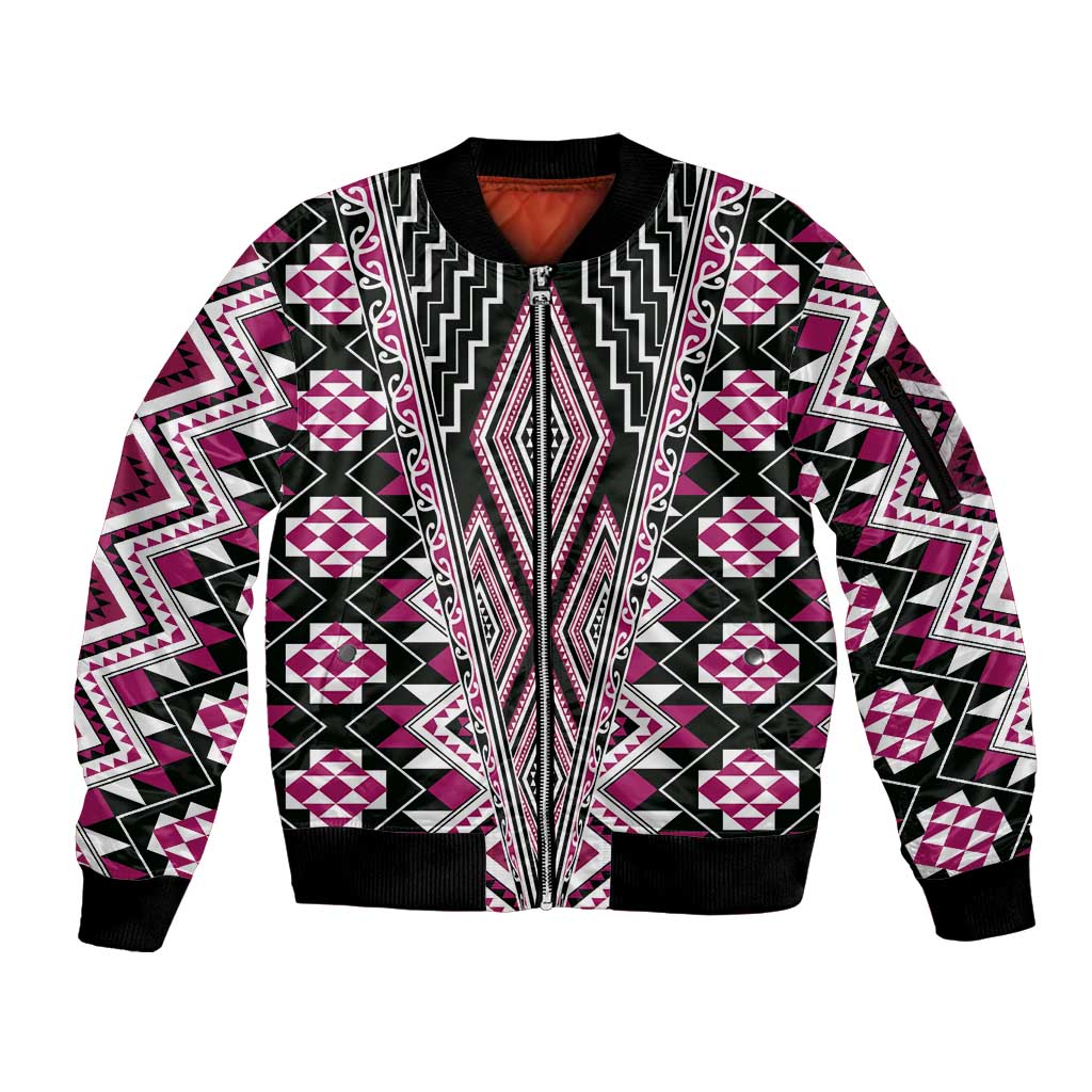 Pink Aotearoa Tukutuku and Poutama Motif Sleeve Zip Bomber Jacket