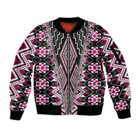 Pink Aotearoa Tukutuku and Poutama Motif Sleeve Zip Bomber Jacket