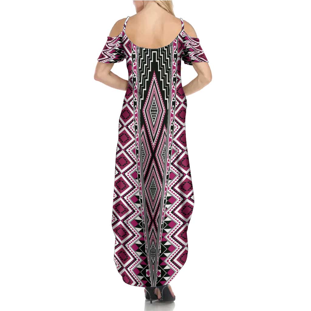 Pink Aotearoa Tukutuku and Poutama Motif Summer Maxi Dress LT03 - Polynesian Pride