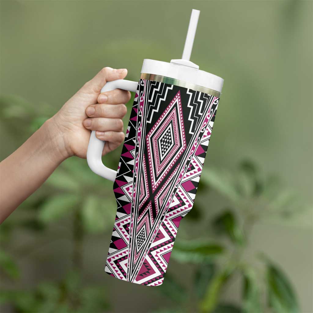Pink Aotearoa Tukutuku and Poutama Motif Tumbler With Handle LT03 - Polynesian Pride