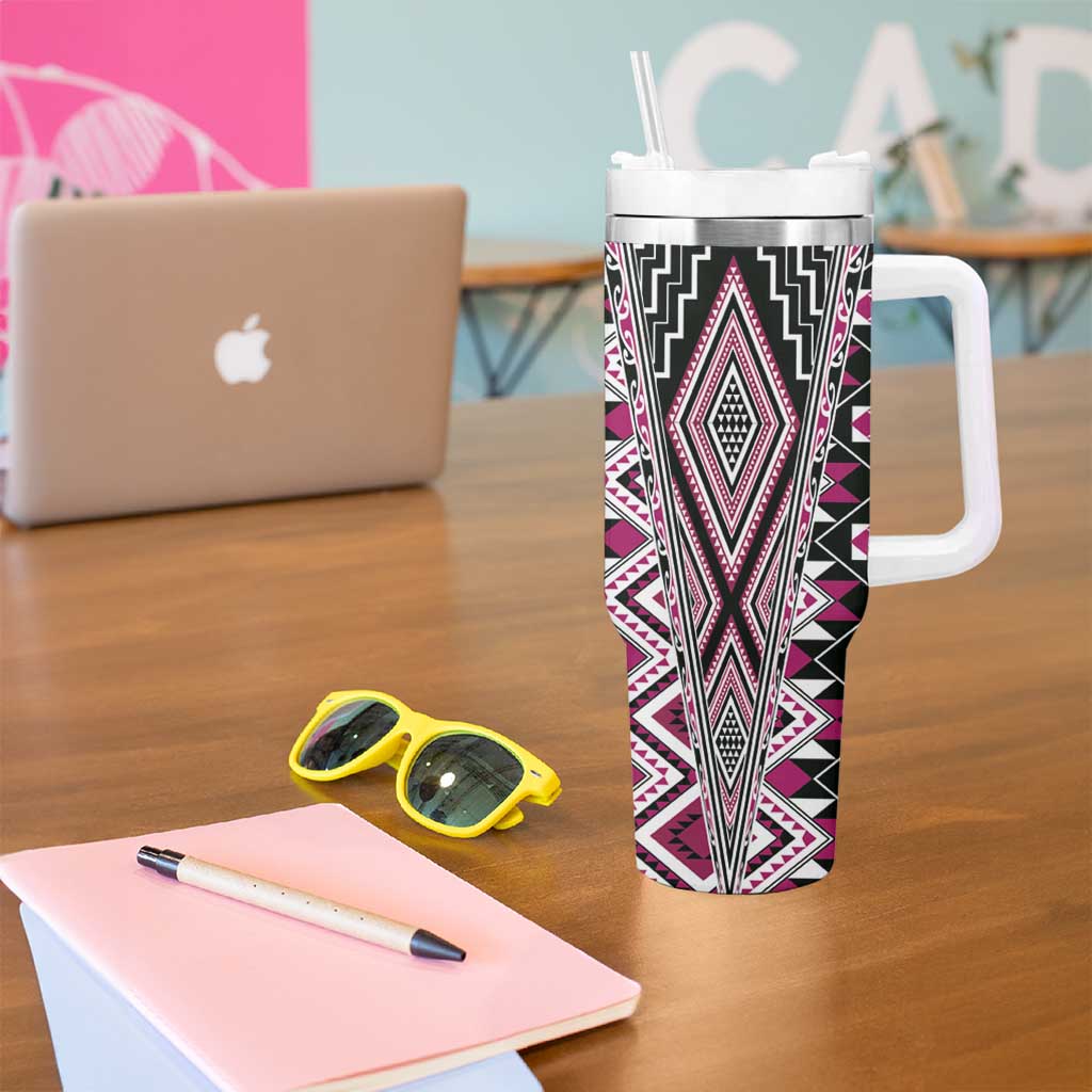 Pink Aotearoa Tukutuku and Poutama Motif Tumbler With Handle LT03 - Polynesian Pride
