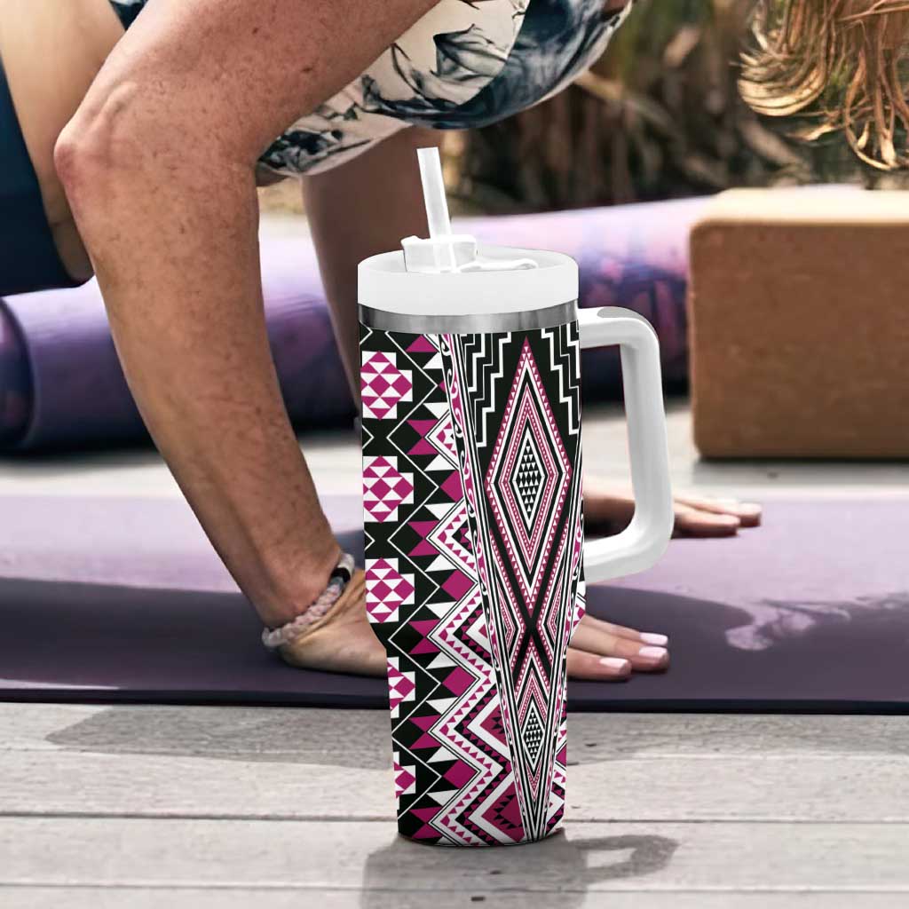 Pink Aotearoa Tukutuku and Poutama Motif Tumbler With Handle LT03 - Polynesian Pride