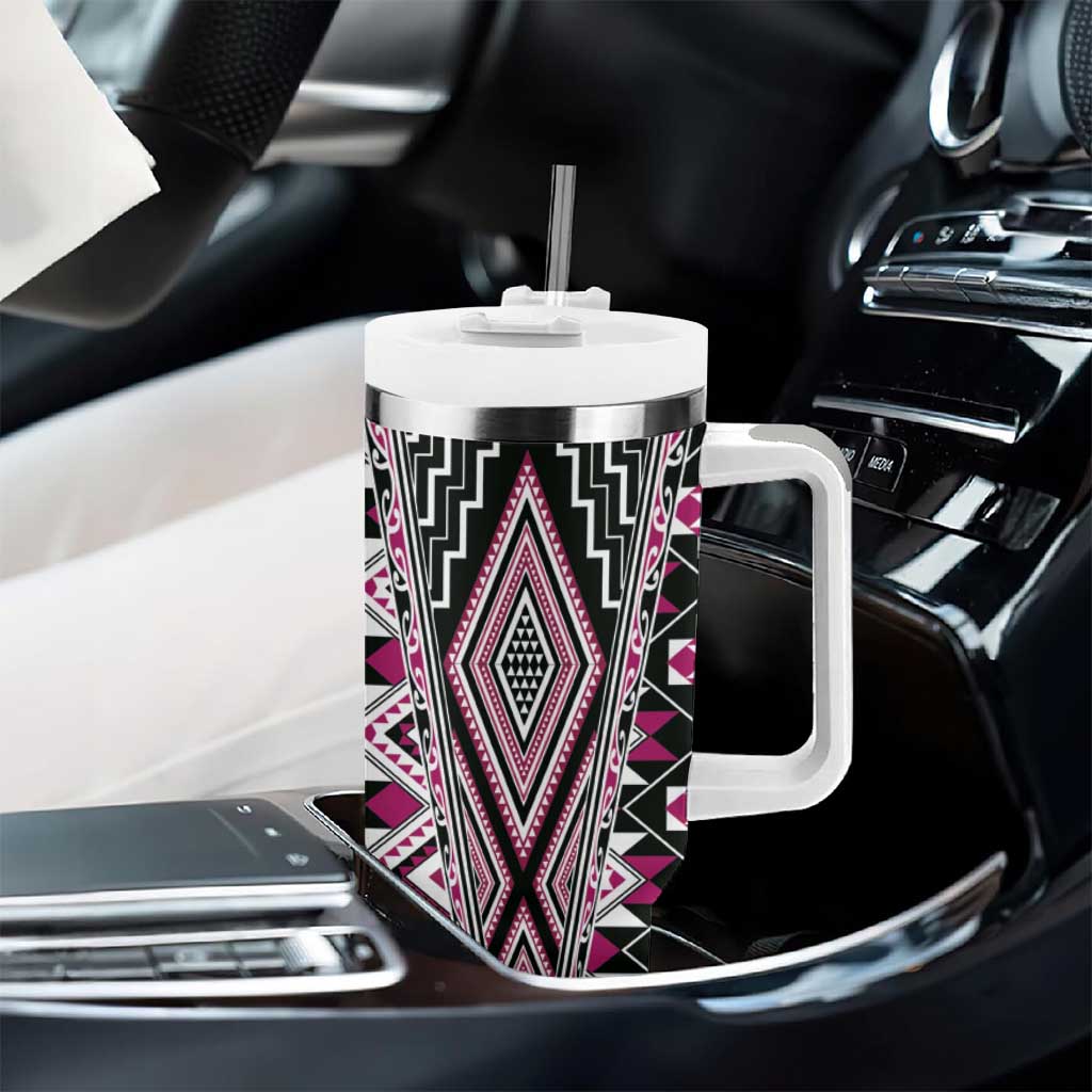 Pink Aotearoa Tukutuku and Poutama Motif Tumbler With Handle LT03 - Polynesian Pride