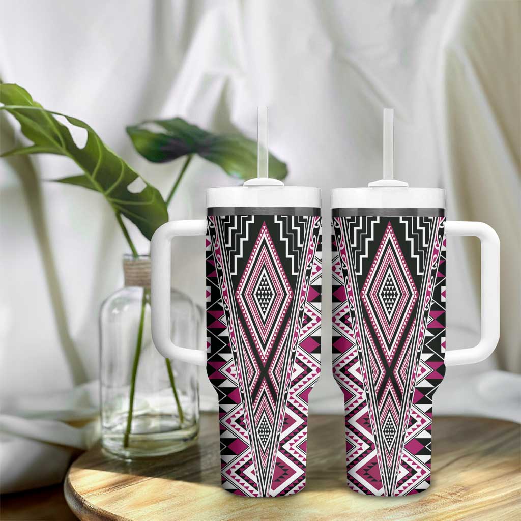 Pink Aotearoa Tukutuku and Poutama Motif Tumbler With Handle LT03 - Polynesian Pride