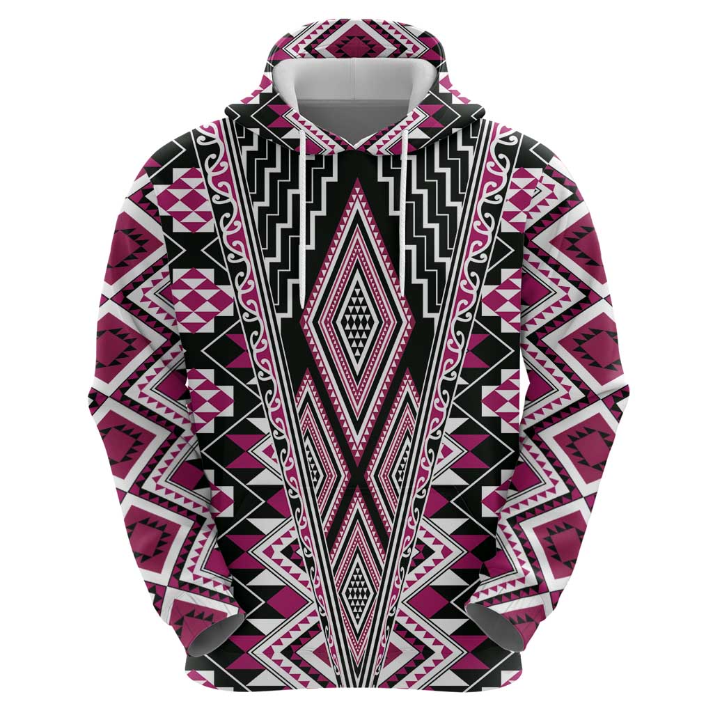 Pink Aotearoa Tukutuku and Poutama Motif Zip Hoodie