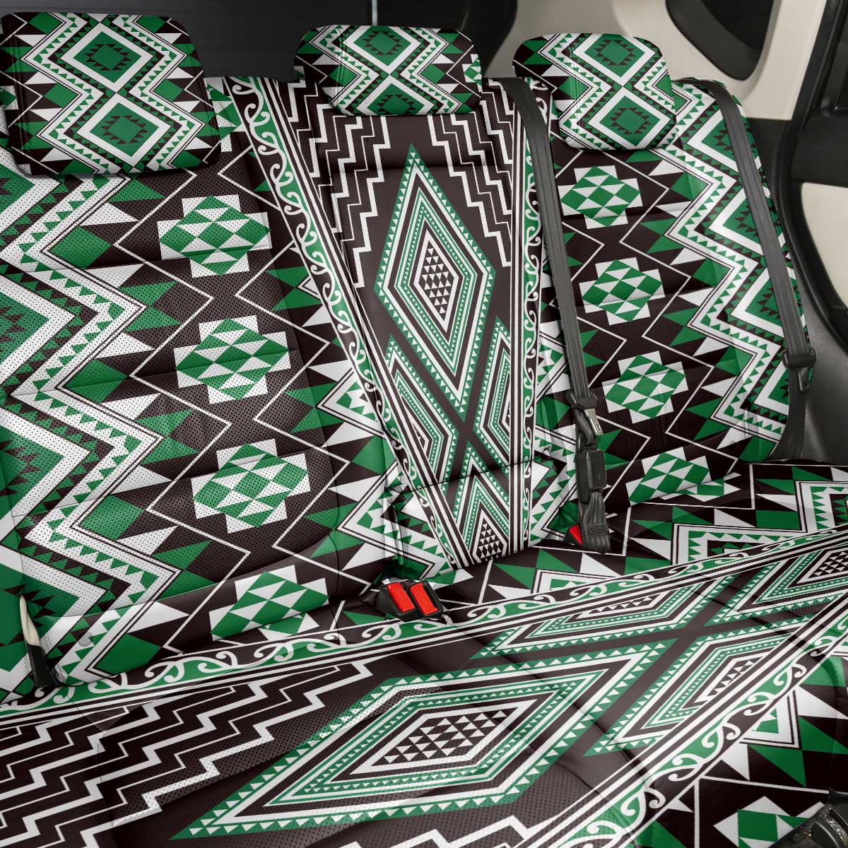 Green Aotearoa Tukutuku and Poutama Motif Back Car Seat Cover