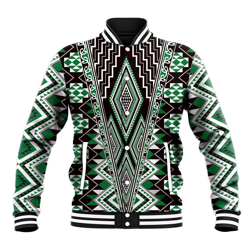 Green Aotearoa Tukutuku and Poutama Motif Baseball Jacket LT03 Unisex Green - Polynesian Pride