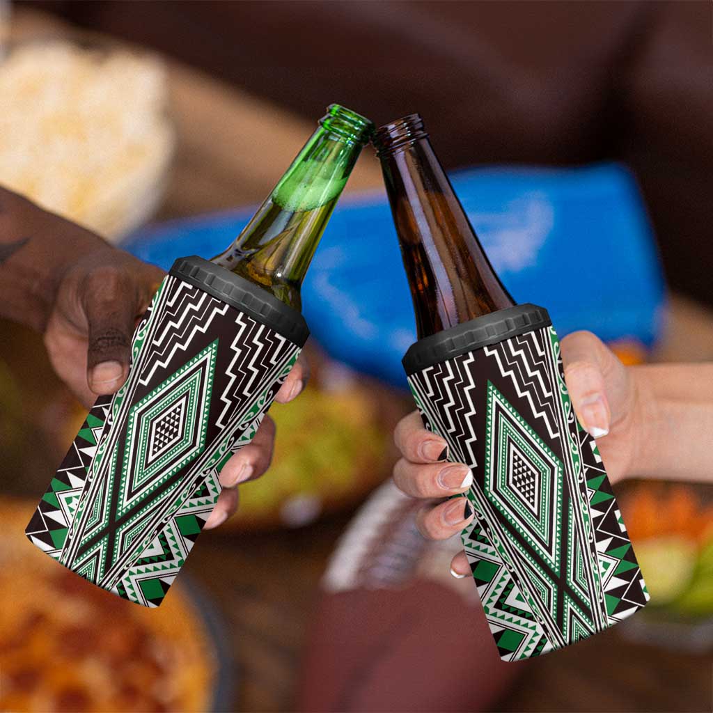 Green Aotearoa Tukutuku and Poutama Motif 4 in 1 Can Cooler Tumbler LT03 - Polynesian Pride