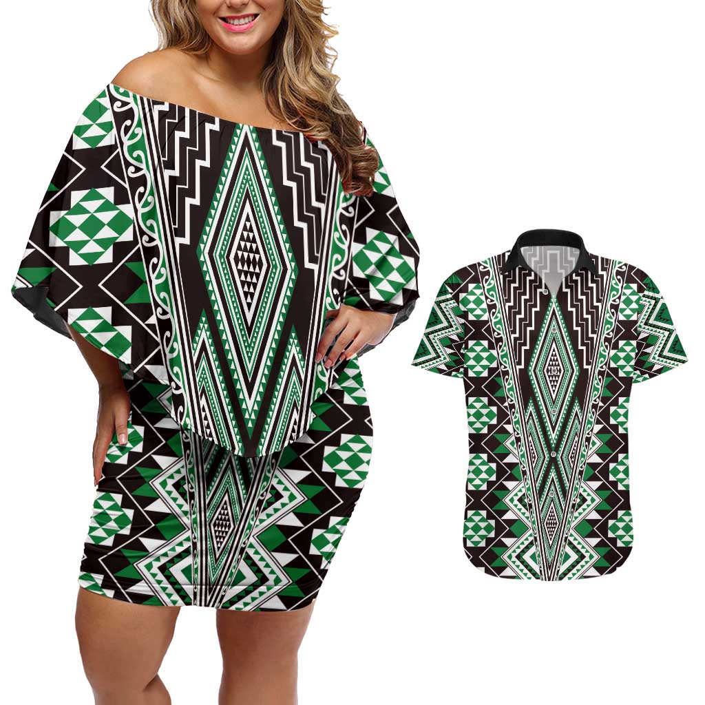 Green Aotearoa Tukutuku and Poutama Motif Couples Matching Off Shoulder Short Dress and Hawaiian Shirt LT03 Green - Polynesian Pride