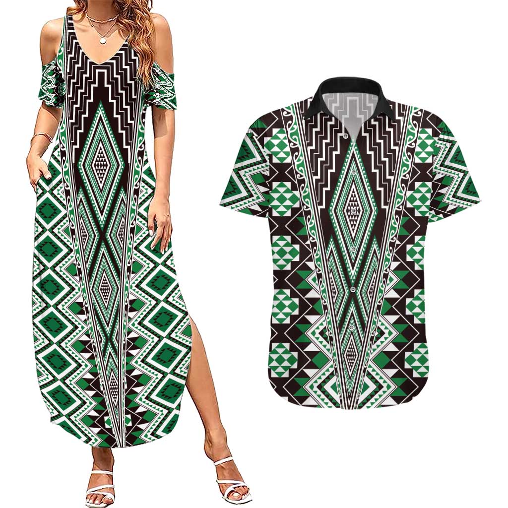 Green Aotearoa Tukutuku and Poutama Motif Couples Matching Summer Maxi Dress and Hawaiian Shirt LT03 Green - Polynesian Pride
